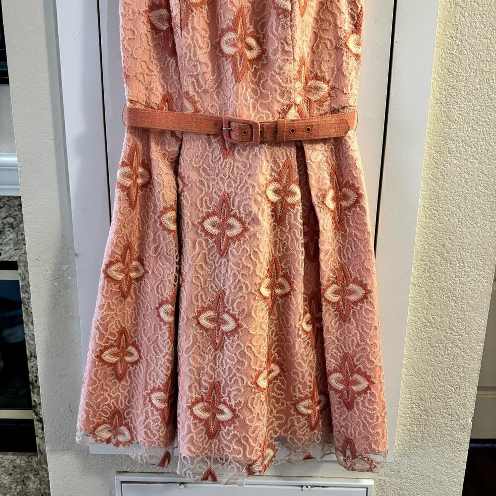 Anthropologie Eva Franco Peach Blossom Belted Dress A-line Embroidered Size 6 - Picture 7 of 13
